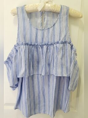 Sweet Wanderer Blue&White Striped Cold Shoulder Ruffle Blouse Size L